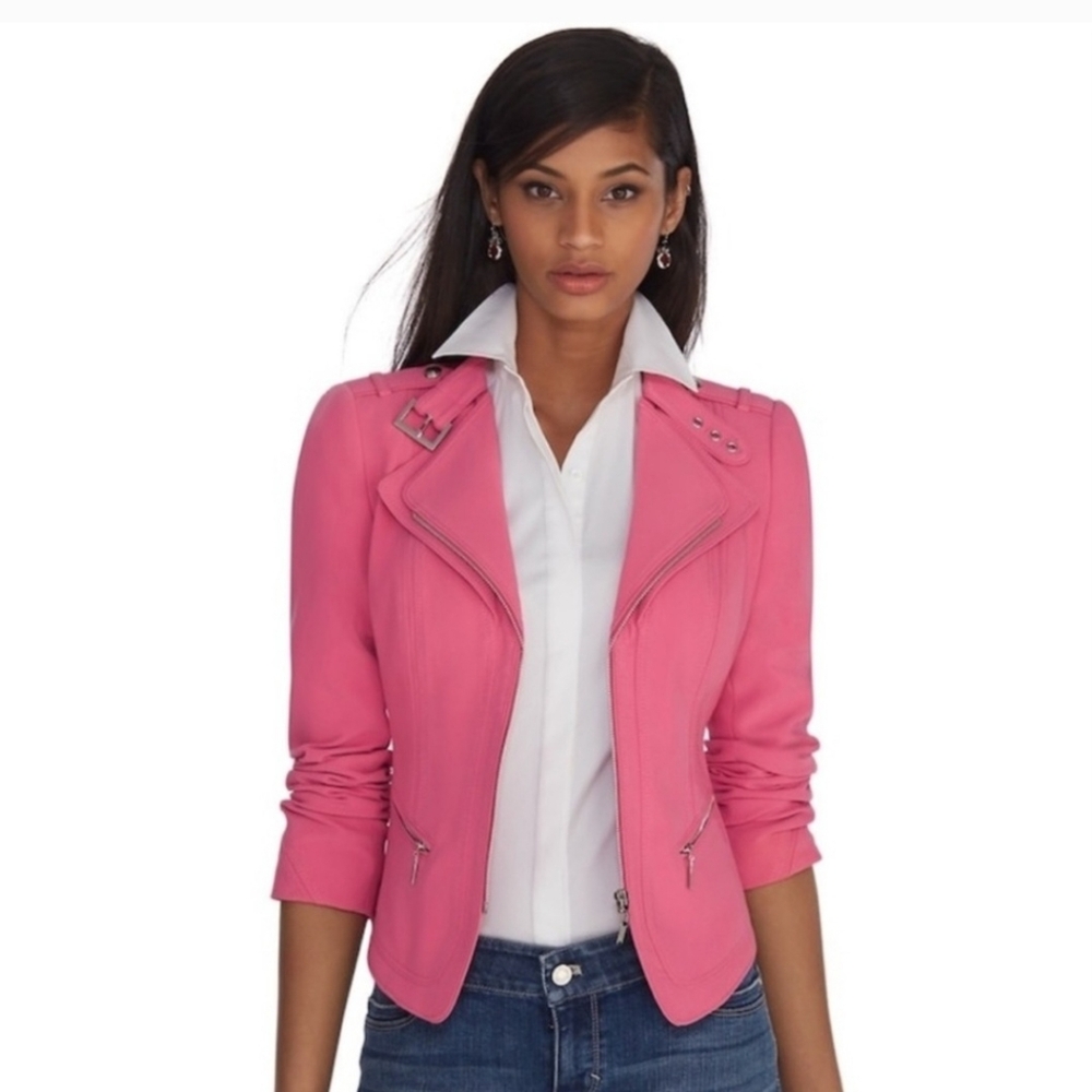 White House Black Market Pink Moto Jacket, Size 6